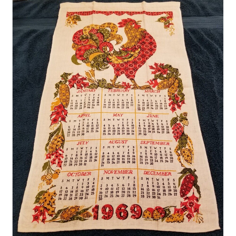 Vintage linen tea towel rooster 1969 calendar new old stock